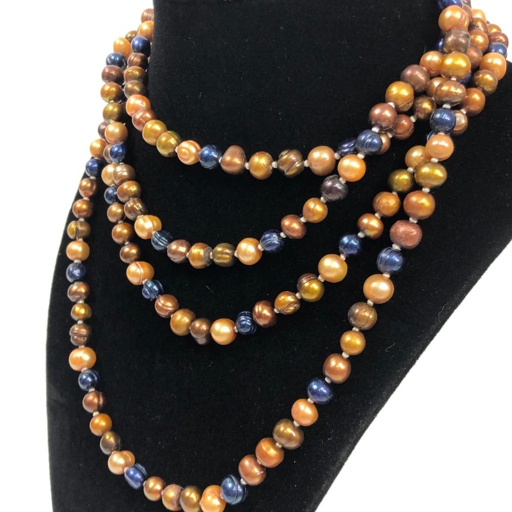 Blue Freshwater Pearl Necklace Extra Long Copper - Picture 1 of 7